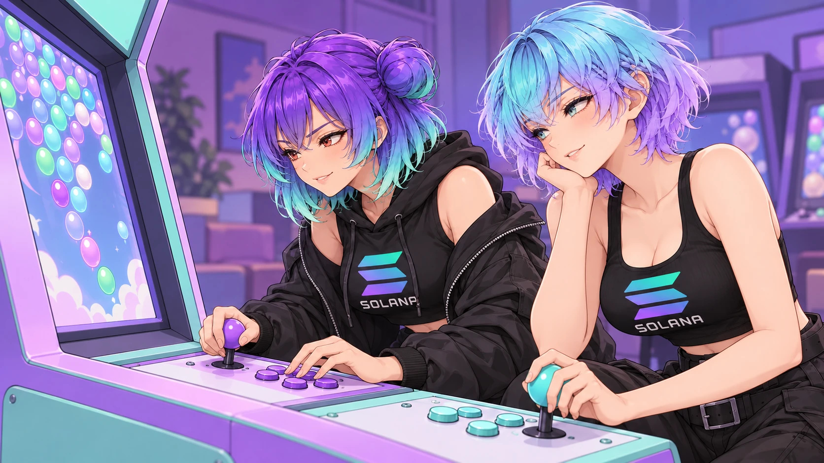 The sisters compete at a two-player arcade cabinet in their violet-and-mint hangout.