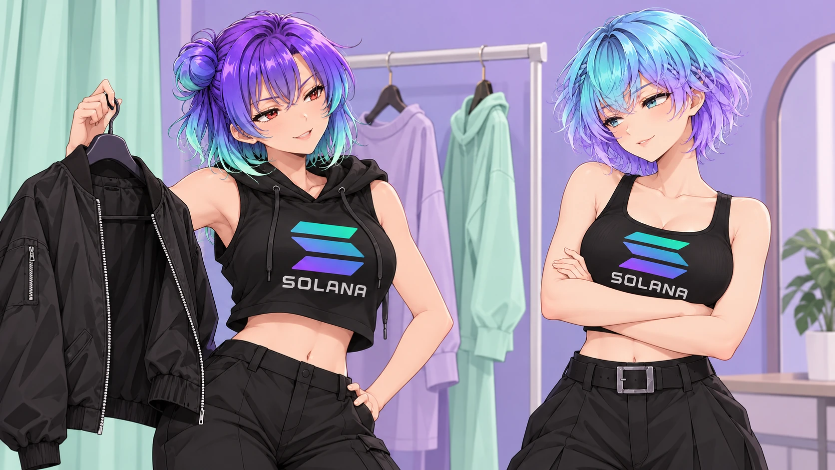 Violet holds up a borrowed black jacket while Mint folds her arms, unconvinced.