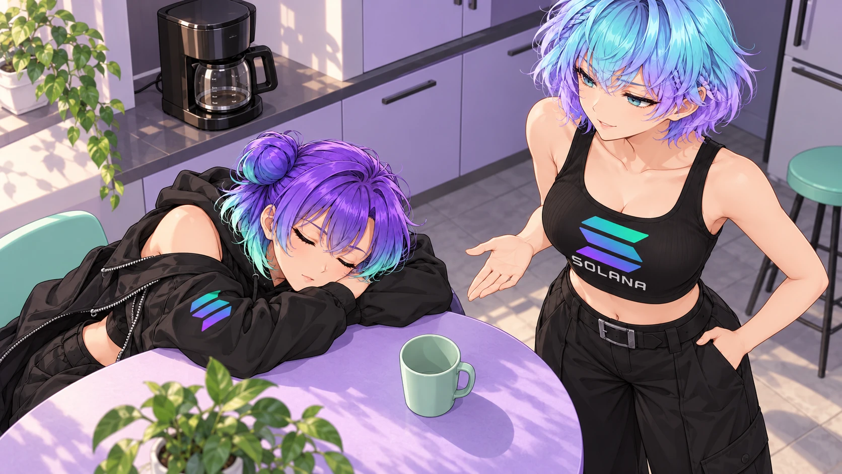 Mint discovers Violet asleep beside the coffee she was supposed to share.