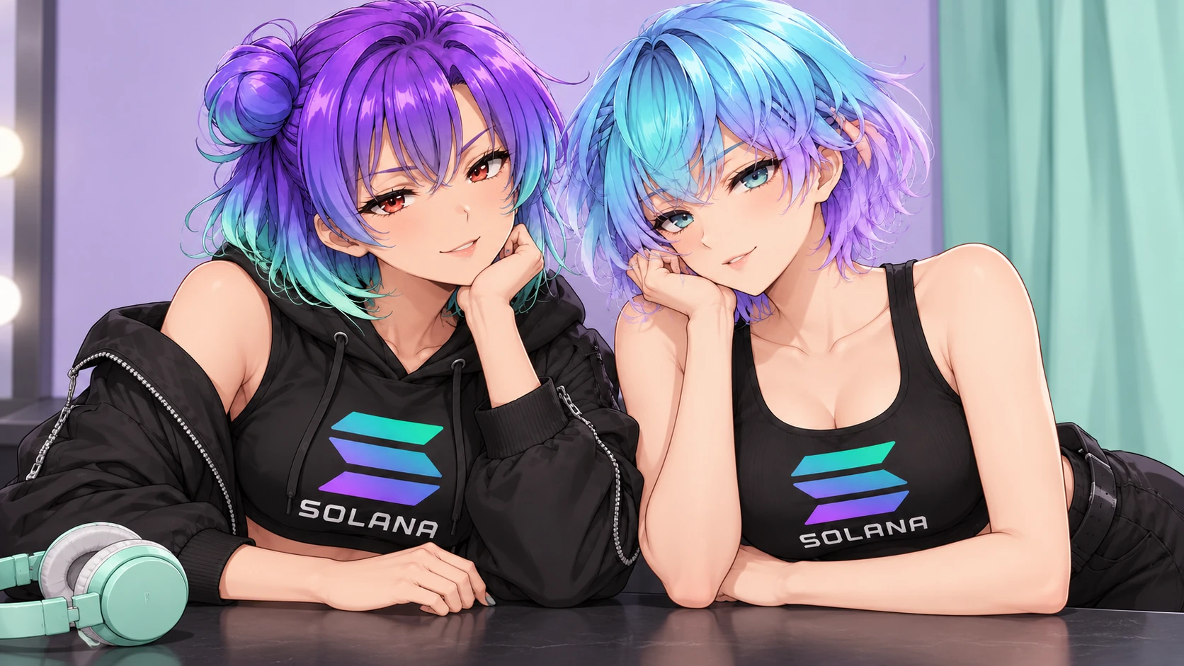 The violet-haired and mint-haired sisters trade knowing smiles at their dressing-room counter.