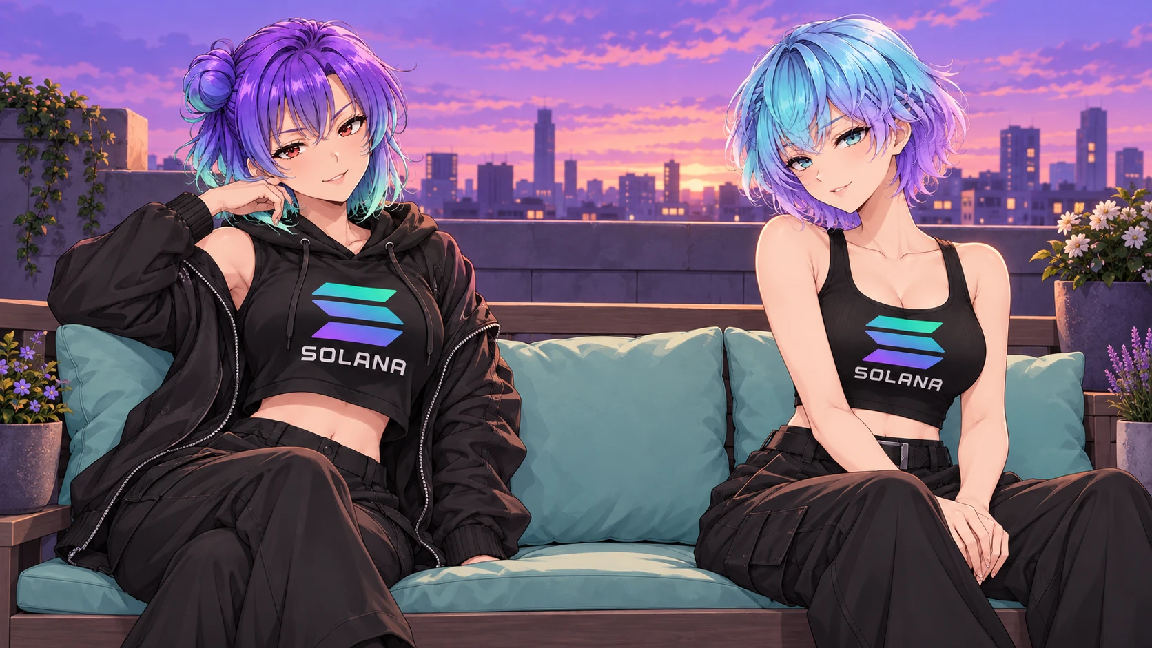 The sisters leave an empty place between them on a rooftop bench at violet dusk.